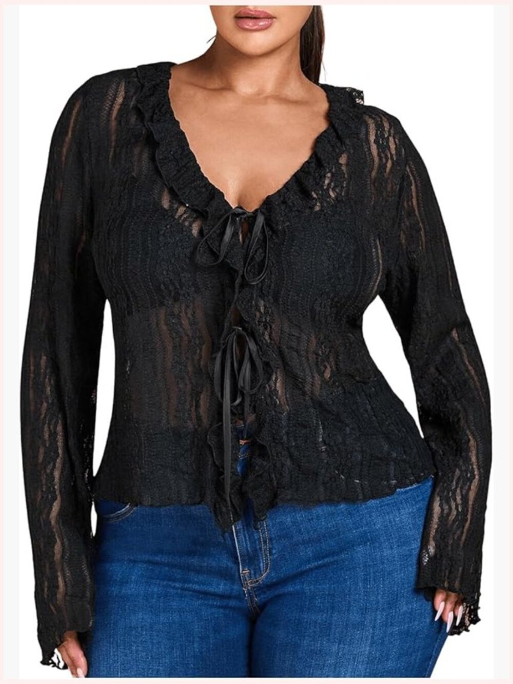 Plus Size Sheer Lace V Neck Blouse Bell Sleeve Ruffle Trim Top